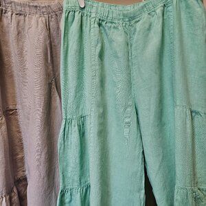 BOGO Linen Gaucho Style Crop pant-mint and grey linen fabric, Elastic waist.